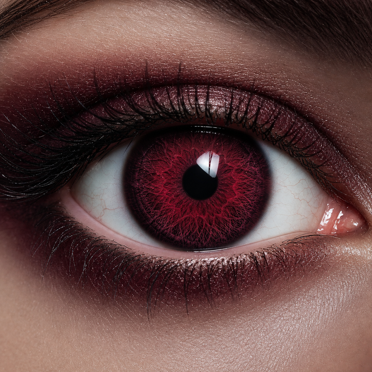 Black Cherry Vein Red colored contacts - organic vein texture turns a dramatic red lens into a dimensional black-cherry eye look