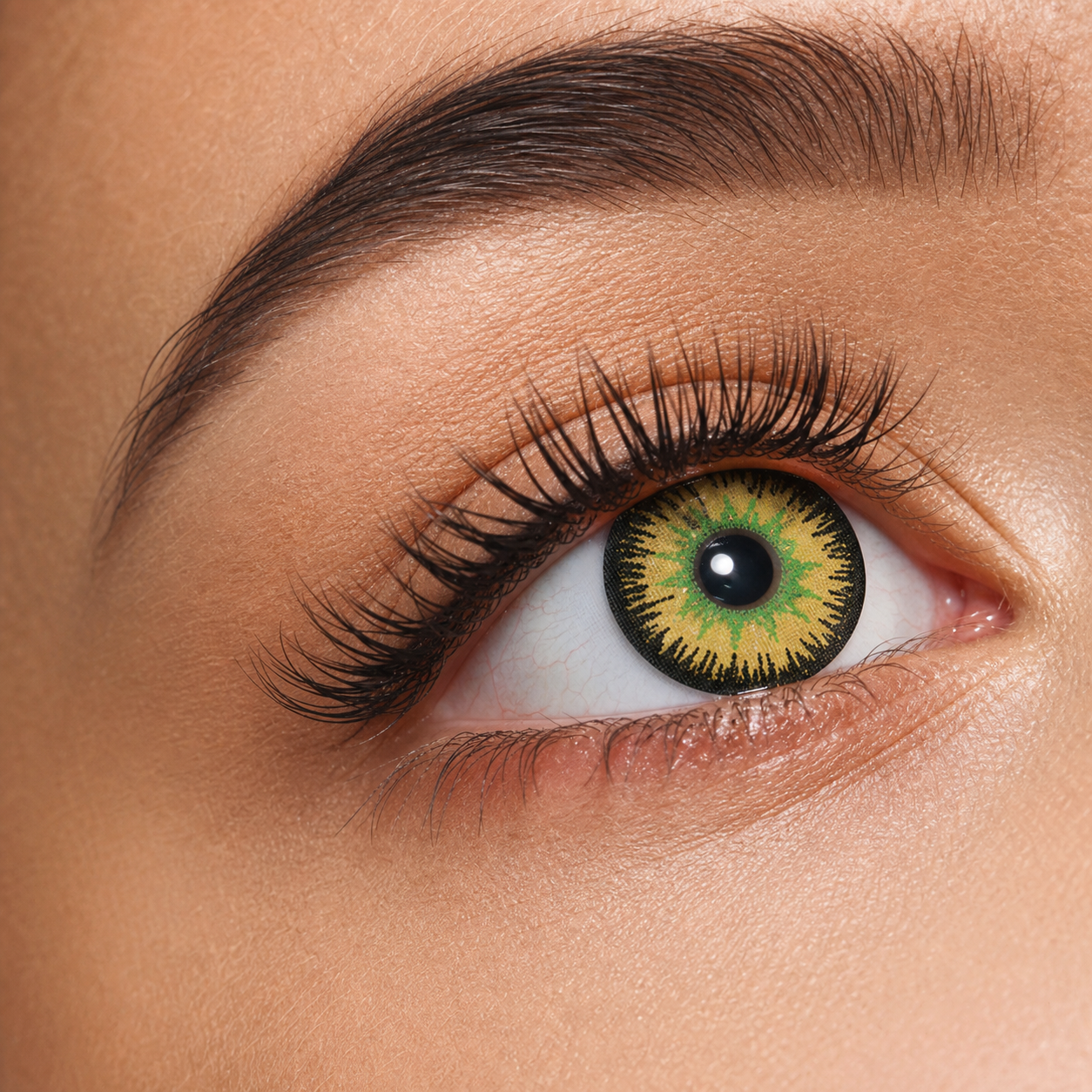 Vega Yellow Green colored contacts - a vivid yellow-green fantasy lens with crisp black spokes that reads clearly in cosplay and statement portraits