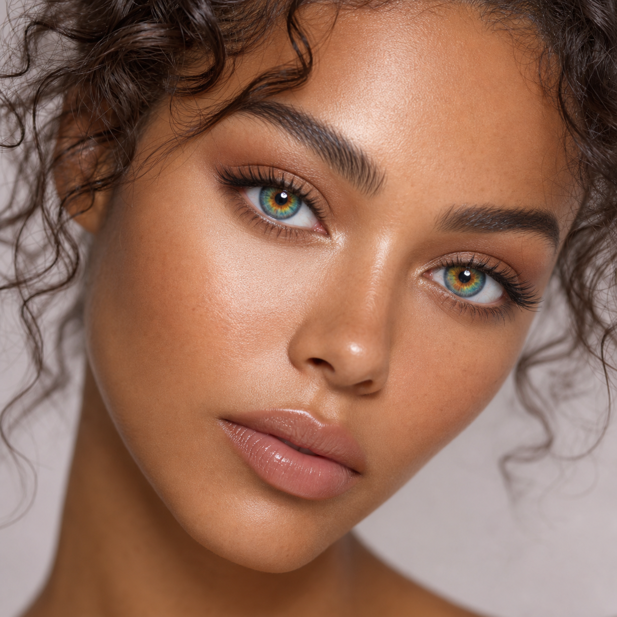 Aurora Ripple colored contacts on model - soft romantic close-up