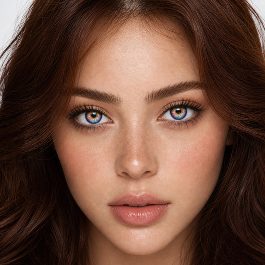 Halo Muse Rainbow colored contacts on model - close-up wearing effect
