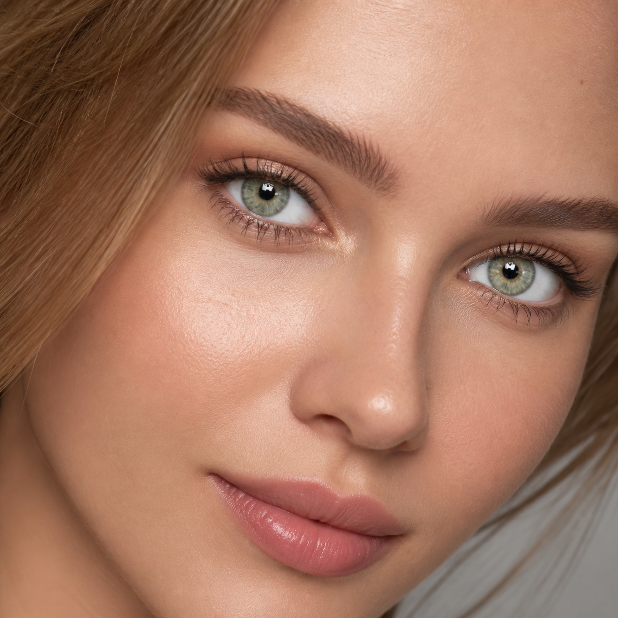 Medusa Mist Green colored contacts on model - Soft sage beauty close-up