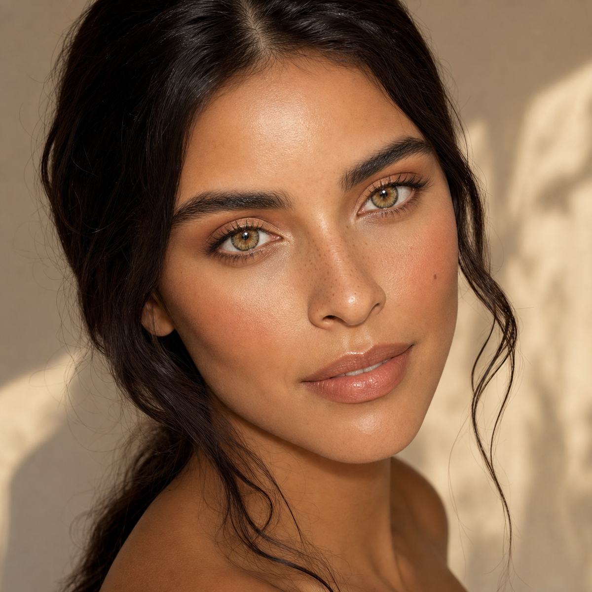 Amber Velvet Hazel colored contacts on model - sunlit beauty editorial