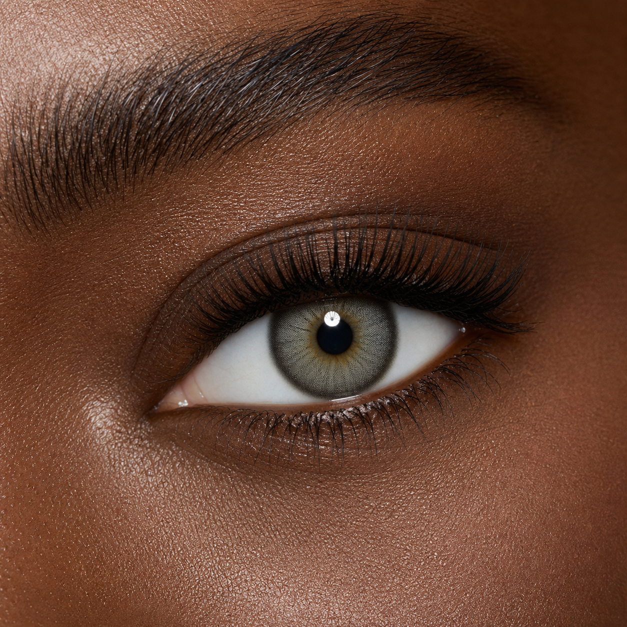 Pearl Olive Mist Gray colored contacts - natural gray-olive transformation that remains dimensional on dark eyes