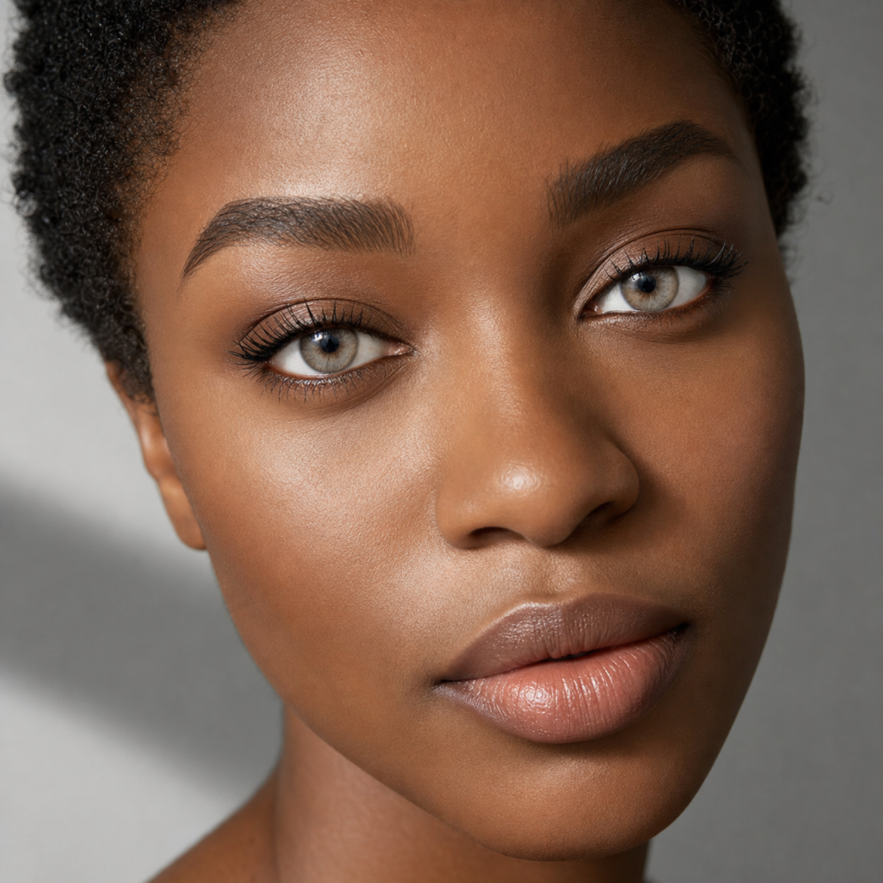 Khaki Veil Ash Beige colored contacts on model - soft-shadow sculpted portrait