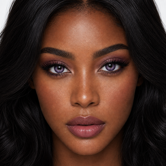 Plum Veil Violet colored contacts on model - close-up wearing effect
