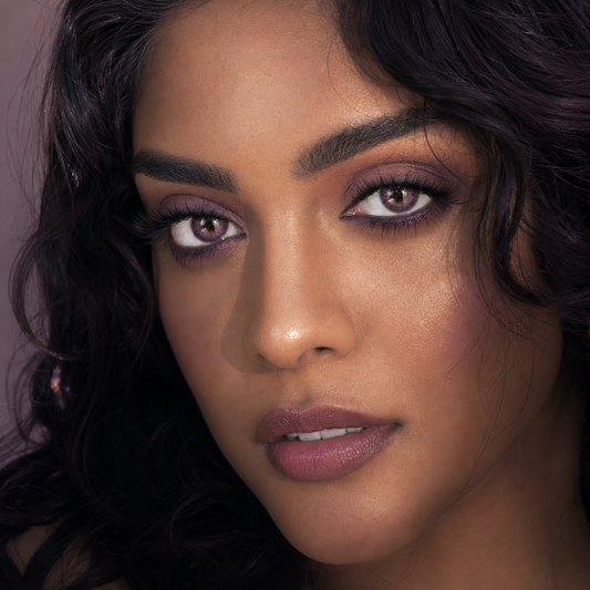 Plum Veil Amethyst colored contacts on model - soft plum editorial