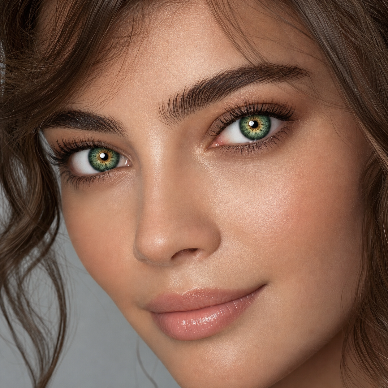 Emerald Fern Green colored contacts on model - three-quarter editorial