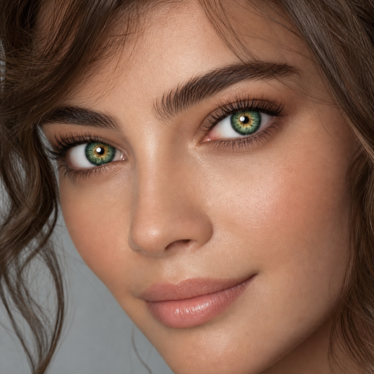 Emerald Fern Green colored contacts on model - three-quarter editorial
