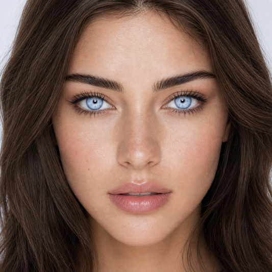 Arctic Lilac Ray Blue colored contacts on model - clinical luxury symmetry