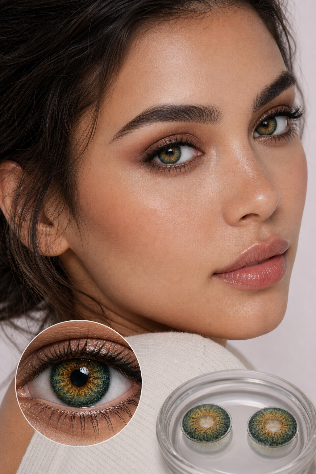 Forest Amber Bloom Green colored contacts - a softer wearable mood shown from two useful angles
