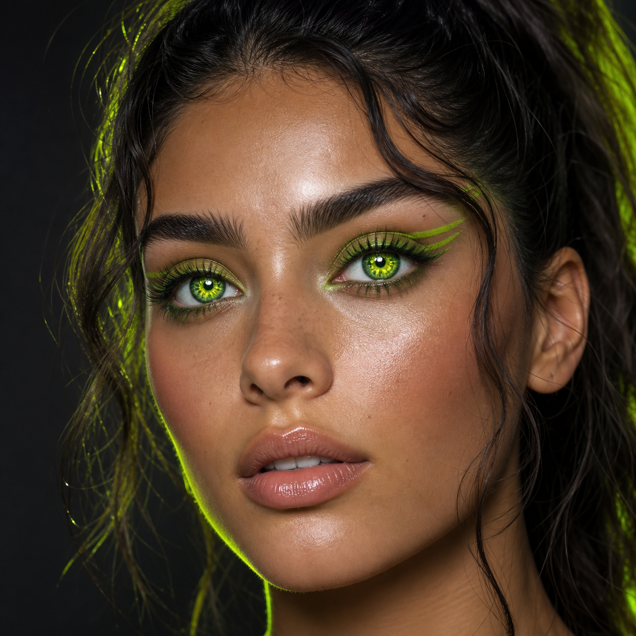 Acid Chartreuse Constellation colored contacts on model - wet lime chrome editorial