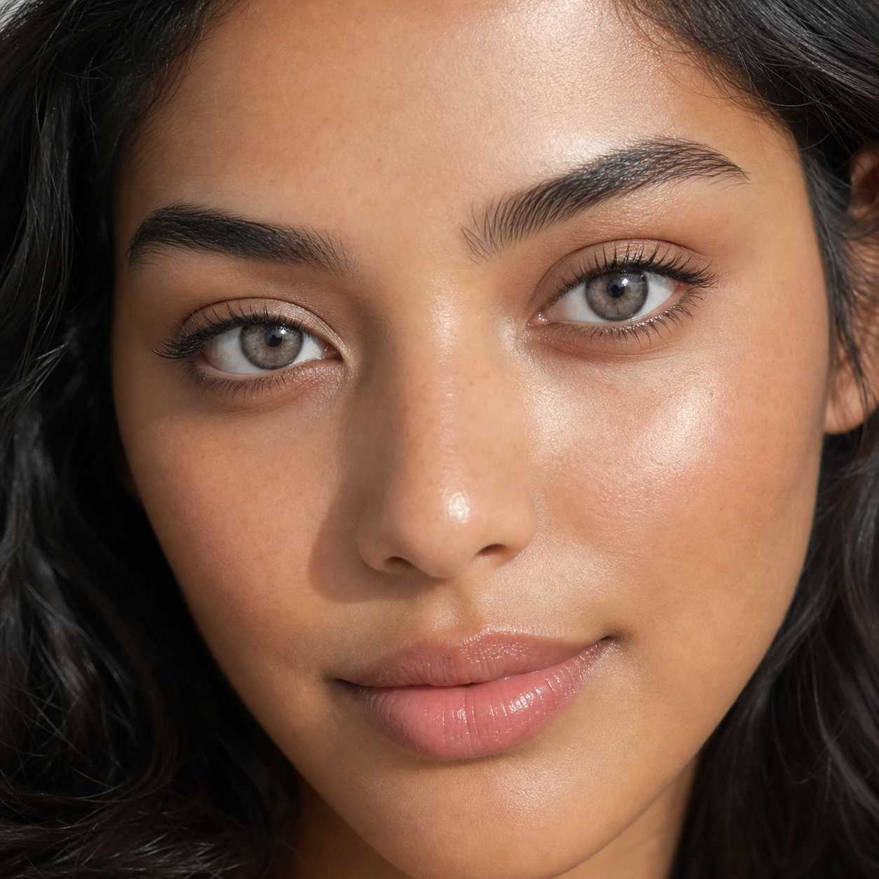 Taupe Glass Natural colored contacts on model - dewy daylight beauty