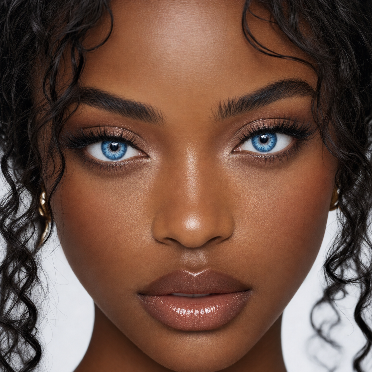 Crystal Blue Prism colored contacts on model - close-up wearing effect