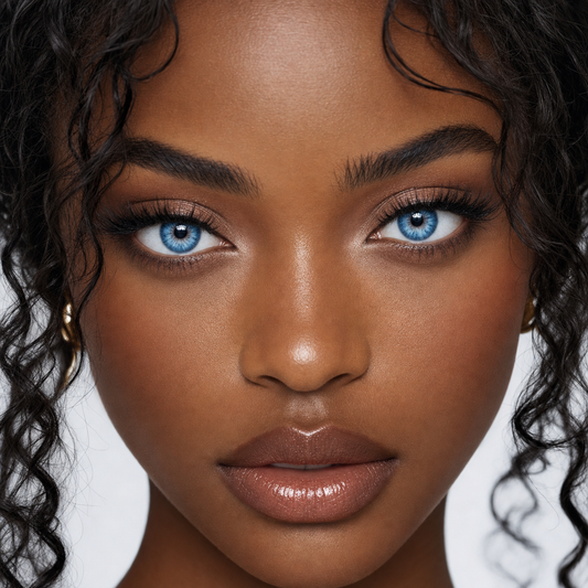 Crystal Blue Prism colored contacts on model - close-up wearing effect