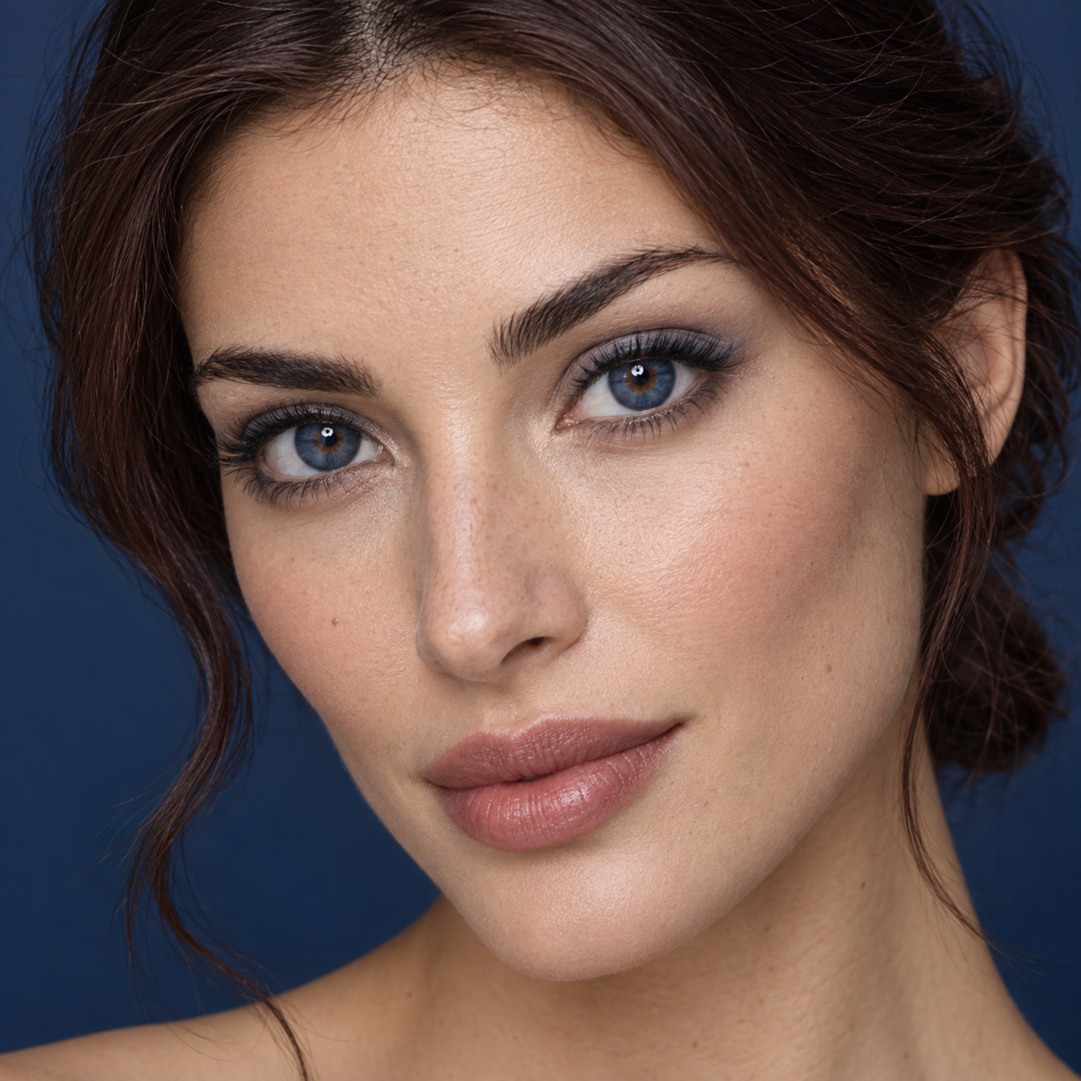 Midnight Navy Soft Halo colored contacts on model - navy soft-focus beauty