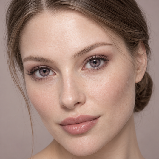 Mulberry Taupe Dot Fade colored contacts on model - mulberry soft-focus editorial