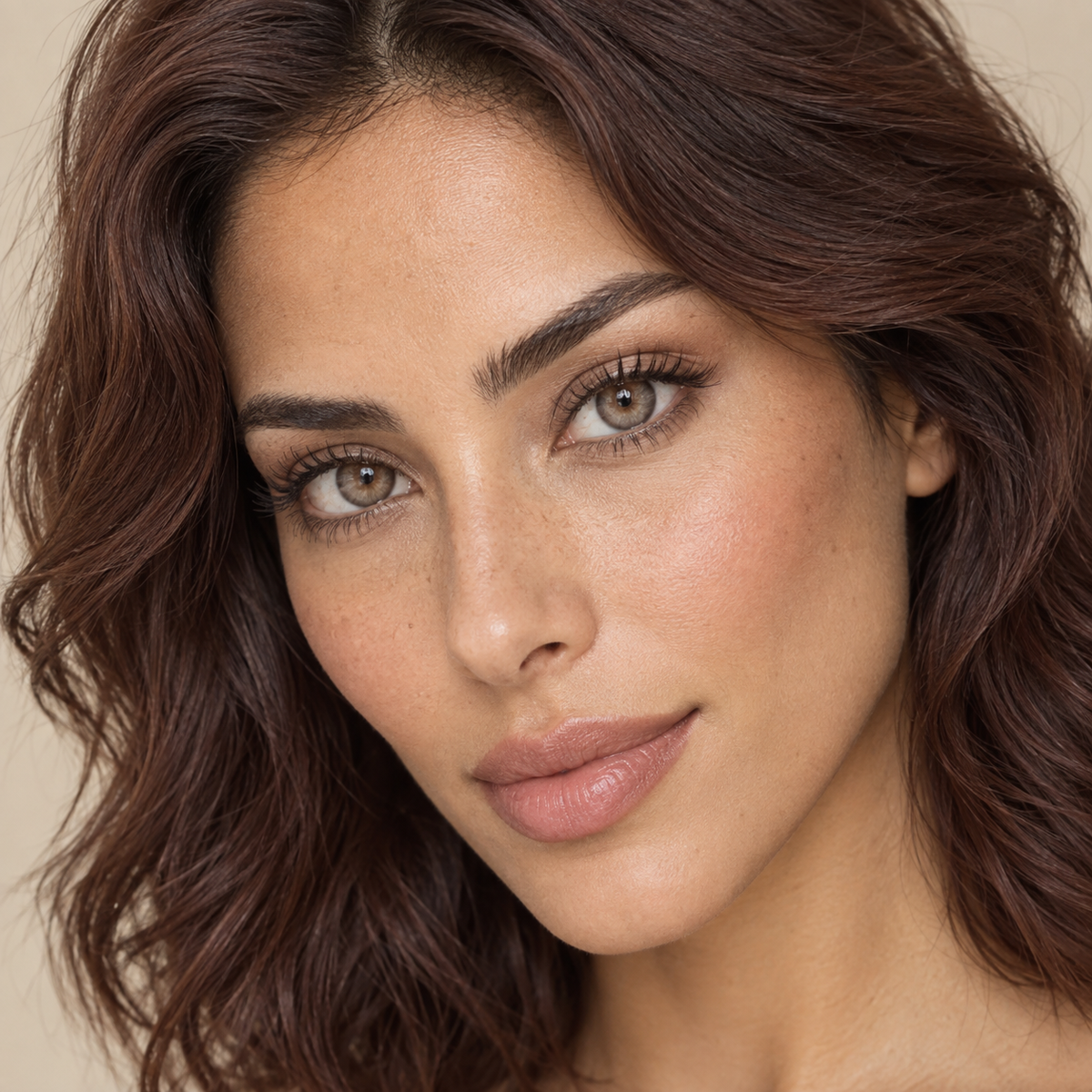 Cashmere Greige Silk Gradient colored contacts on model - cashmere soft-focus beauty