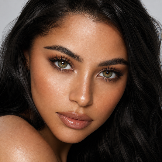 Olive Smoke Green colored contacts on model - silver reflector fashion