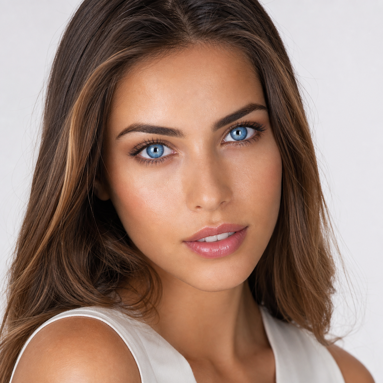 Azure Muse Blue colored contacts on model - vivid azure blue wearing effect