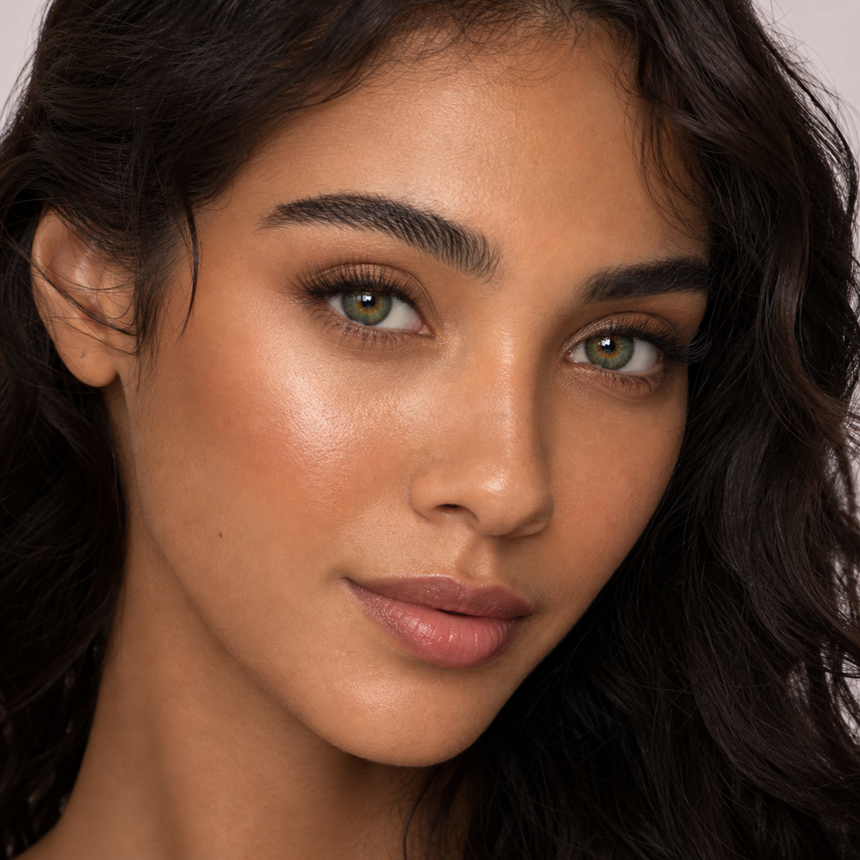 Forest Amber Bloom Green colored contacts on model - soft romantic close-up