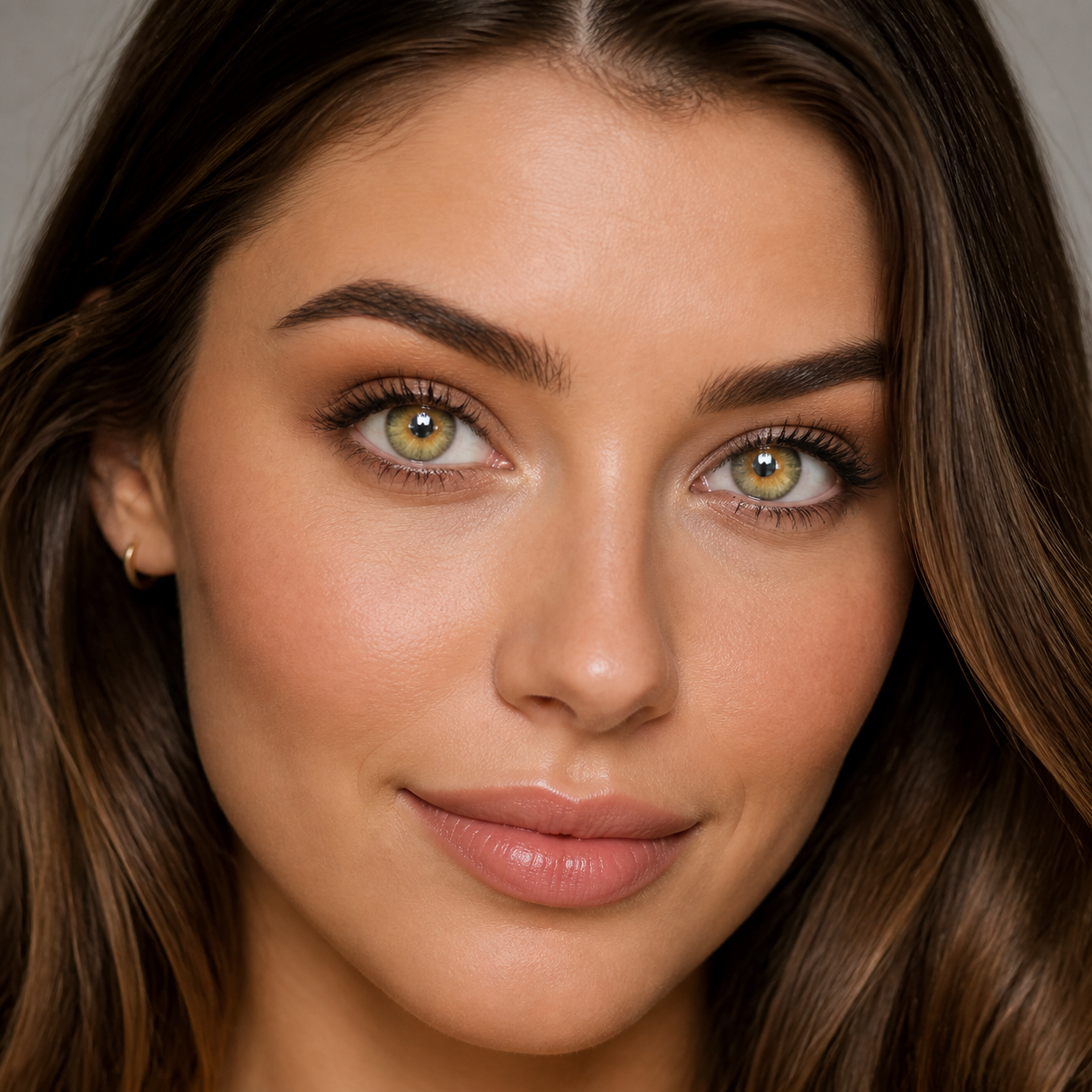 Khaki colored contacts on model - Khaki olive daylight beauty
