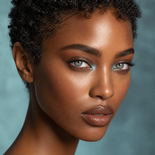 Aqua Tide Teal colored contacts on model - aqua editorial side light