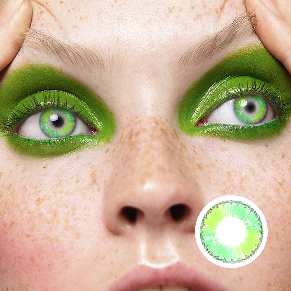 Colorful Koki Green colored contact lenses by Moxielens