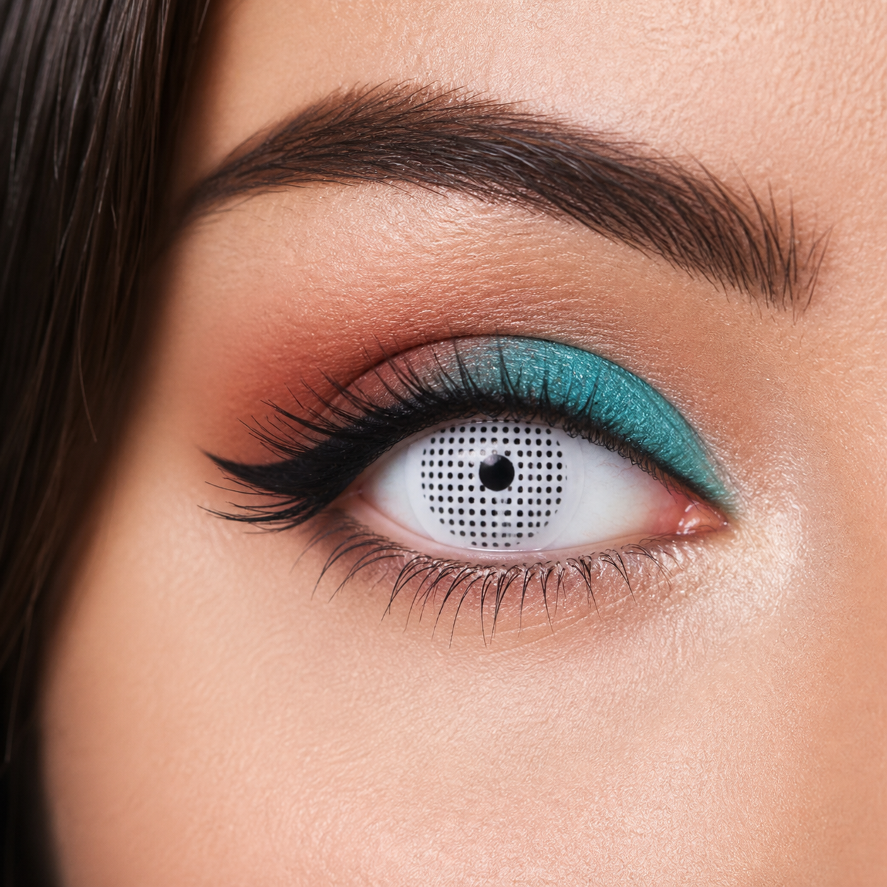 White Mesh Grid colored contacts - a crisp white-and-black grid pattern that reads instantly in cosplay and camera flash