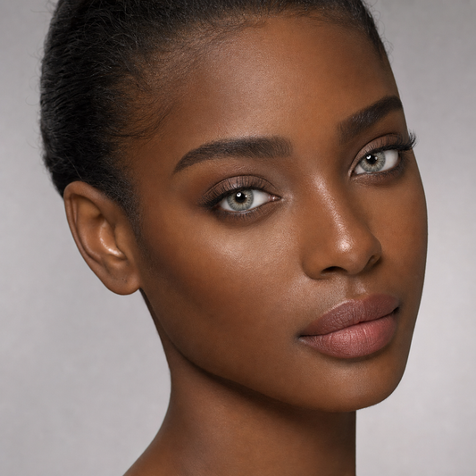 Pearl Olive Mist Gray colored contacts on model - satin editorial angle