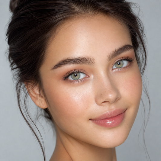 Mint Glass Halo Green colored contacts on model - three-quarter editorial