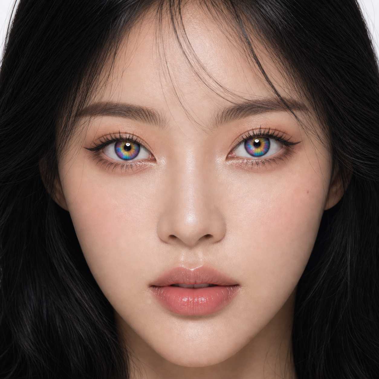 Aura Prism Rainbow colored contacts on model - close-up wearing effect