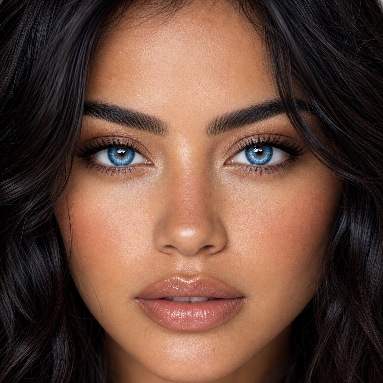 Aqua Muse Blue colored contacts on model - close-up wearing effect