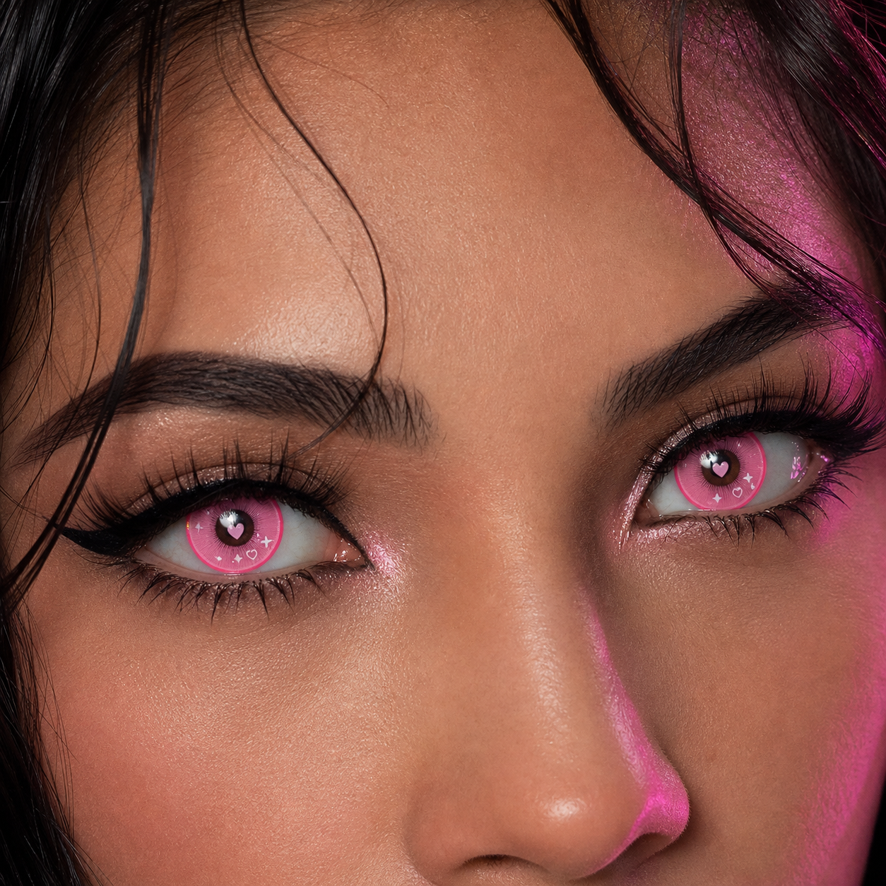 Neon Ribbon Doll Pink colored contacts - high-impact anime-doll payoff with readable detail on dark eyes