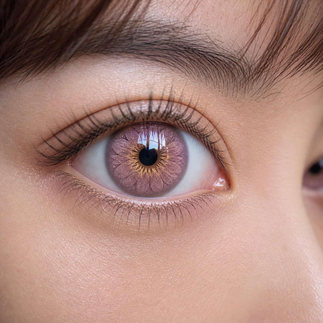 Mauve Champagne Bloom colored contacts - romantic mauve color with a visible champagne bloom that brightens dark eyes