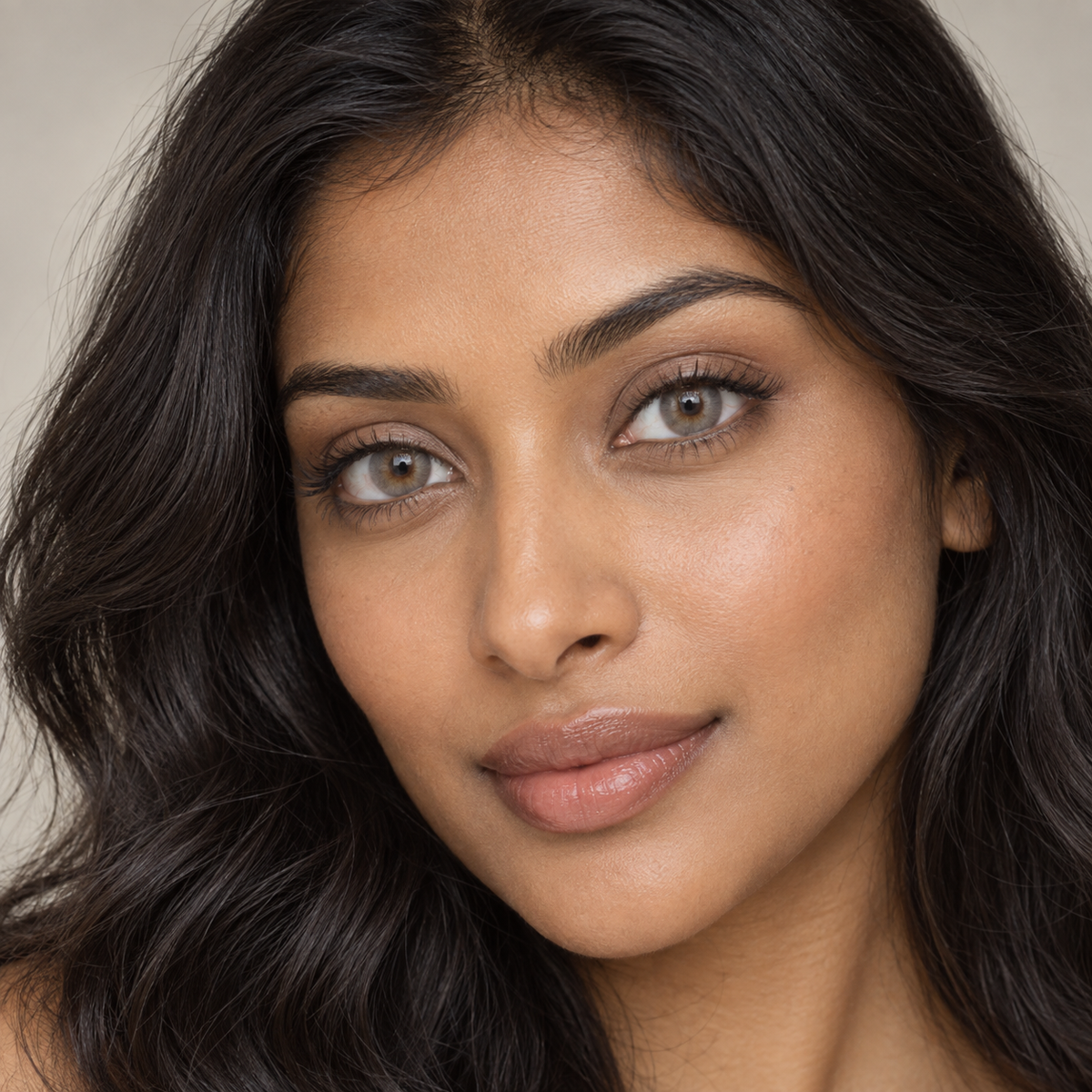 Dove Mushroom Silk Gradient colored contacts on model - dove stone clean beauty