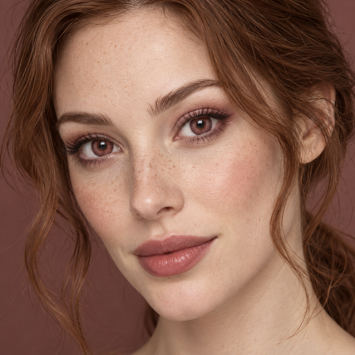 Burgundy Cocoa Shell Gradient colored contacts on model - burgundy soft-focus beauty