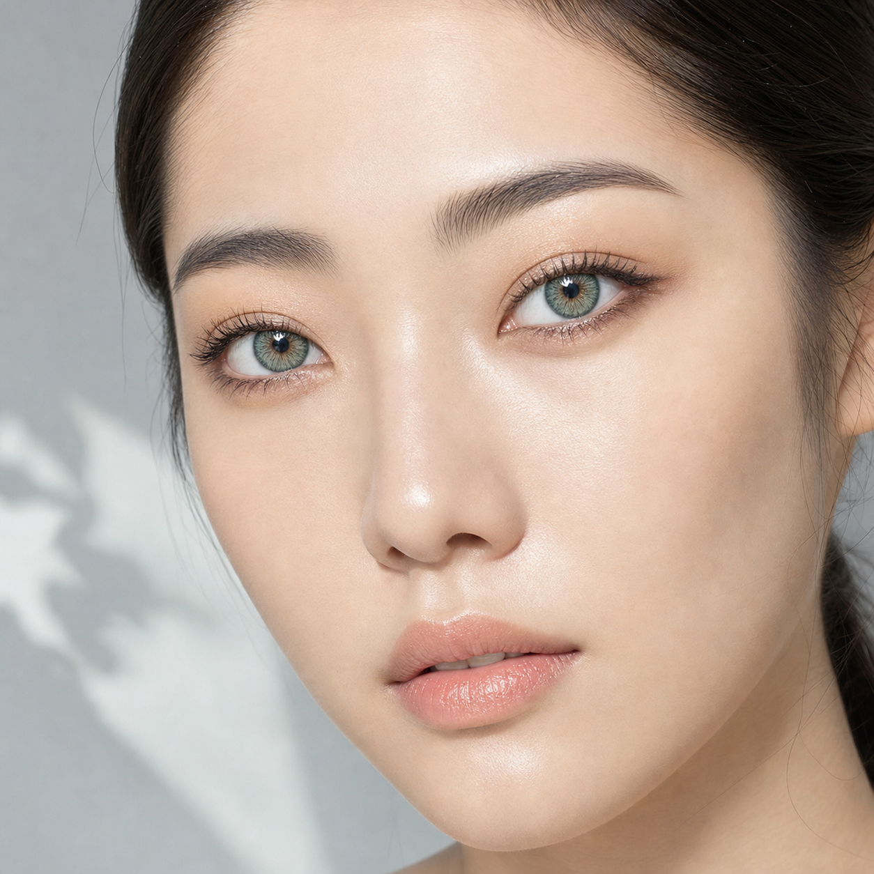 Seafoam Petal Green colored contacts on model - cool clean-girl daylight