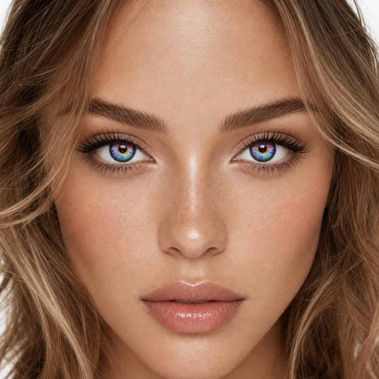 Glow Prism Rainbow colored contacts on model - close-up wearing effect