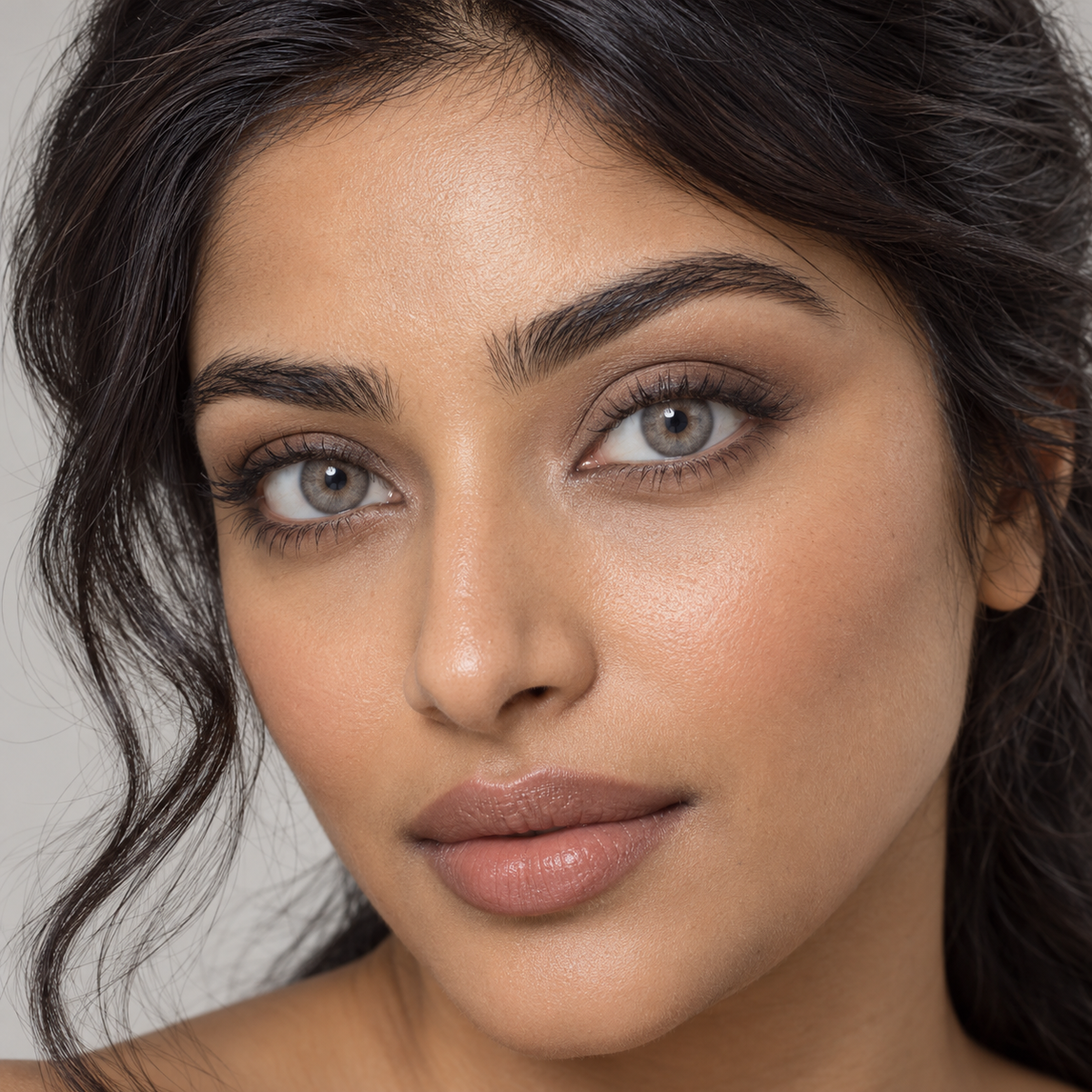 Slate Greige Pearl Wash colored contacts on model - slate soft-grunge beauty