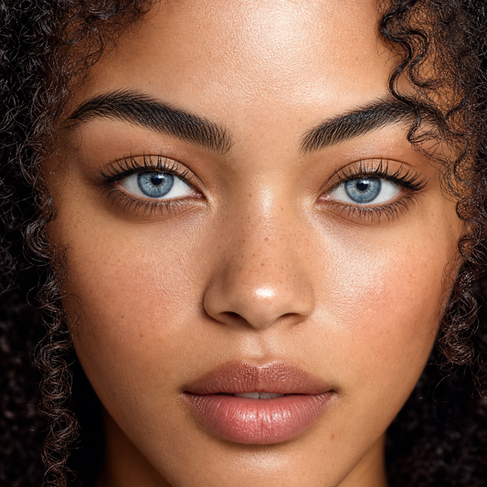 Sapphire Veil Ripple Blue colored contacts on model - dewy daylight beauty
