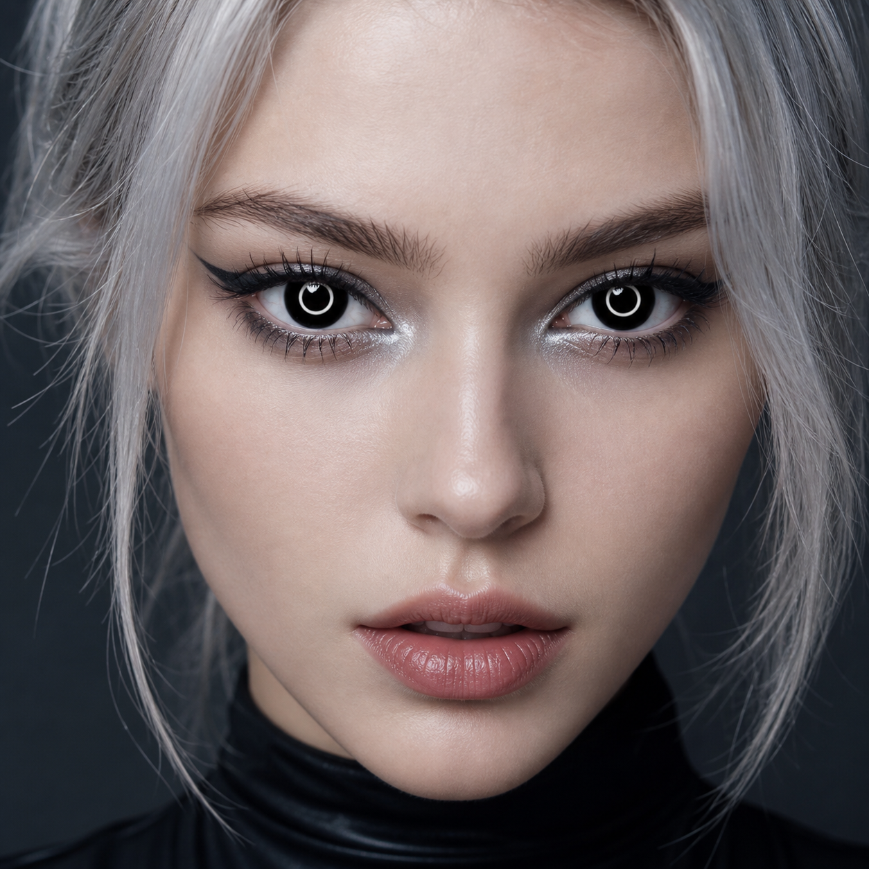 Double Ring Black colored contacts on model - Midnight double-ring cosplay