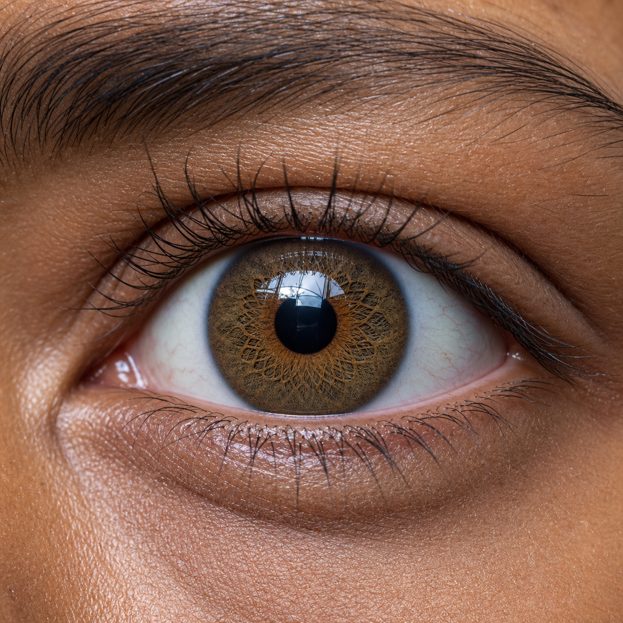 Amber Lace Hazel colored contacts - the woven iris texture stays visible in warm natural light