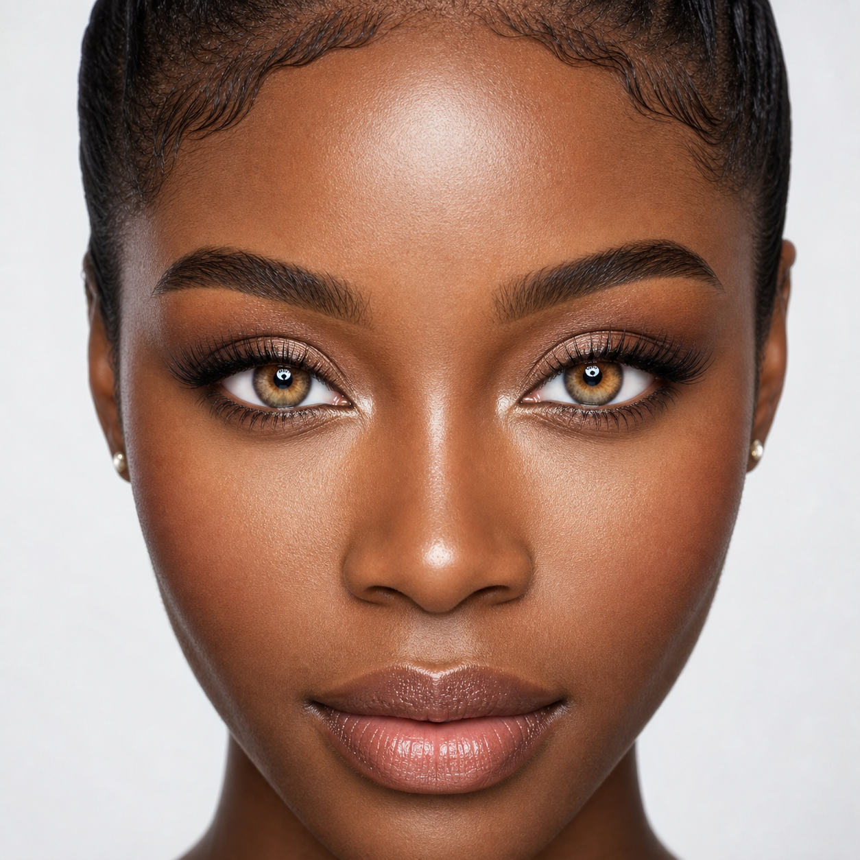 Toffee Mosaic Halo Brown colored contacts on model - clinical luxury symmetry