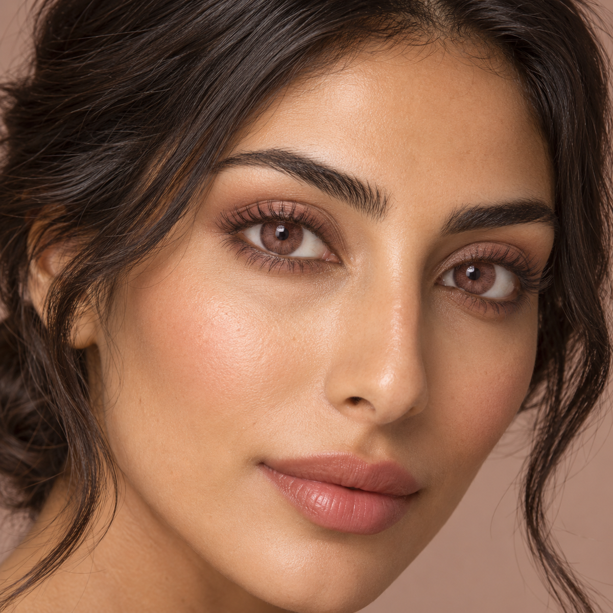 Rosewood Cocoa Petal Fade colored contacts on model - rosewood satin editorial