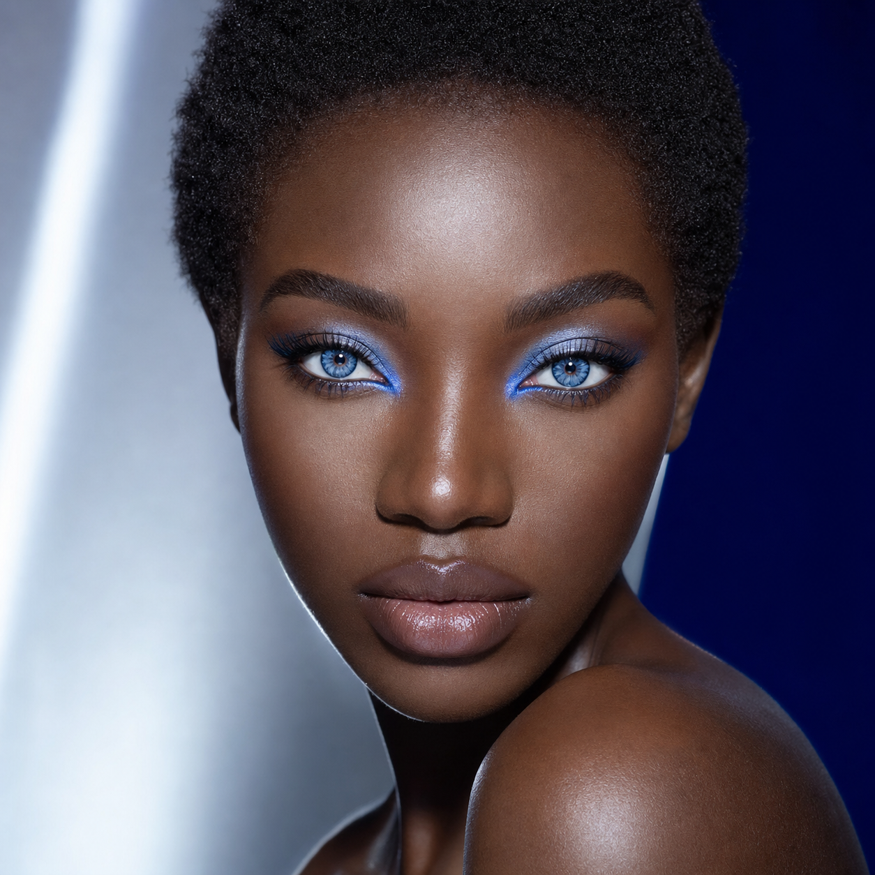 Periwinkle Glass Shard colored contacts on model - wet-look blue runway