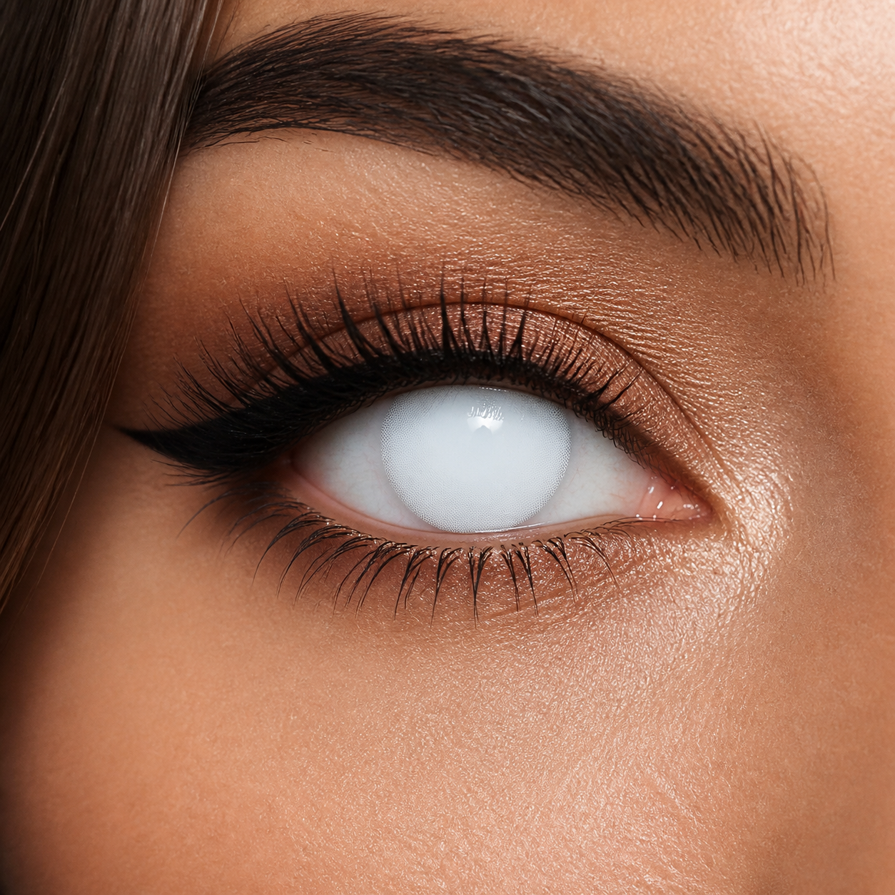 Full White colored contacts - a crisp opaque-white eye effect that reads instantly in cosplay, festival and camera photography